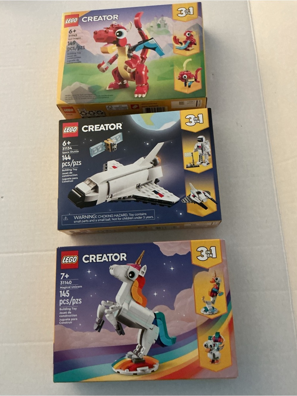 3 LEGO Creator 3-in-1 Kids Toy Building Sets:  Shuttle, Unicorn, Dragon
